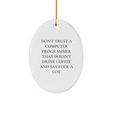 Funny Computer Programmer Gifts from Friends for Men, Oval Ornament with Don't Trust A Computer Programmer That Doesn't Drink Coffee And Say 'F--k' A Lot Quote, Christmas Unique Decorations - Image 1